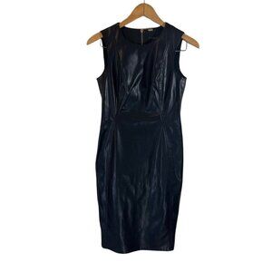 Calvin Klein Black Faux Leather Sheath Dress Size 2 Sleeveless Knee Length Plain
